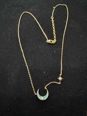 NWOT Gold-Tone Crescent Moon & Star Necklace with Teal Enamel